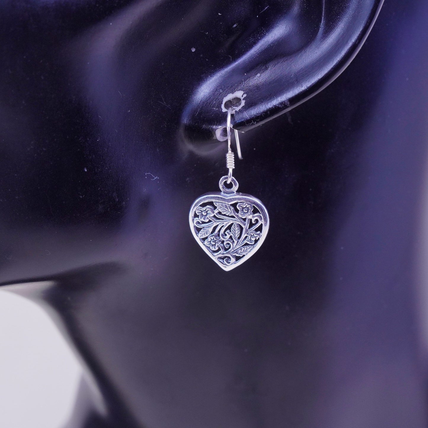 Vintage sterling silver handmade earrings, floral 925 filigree heart