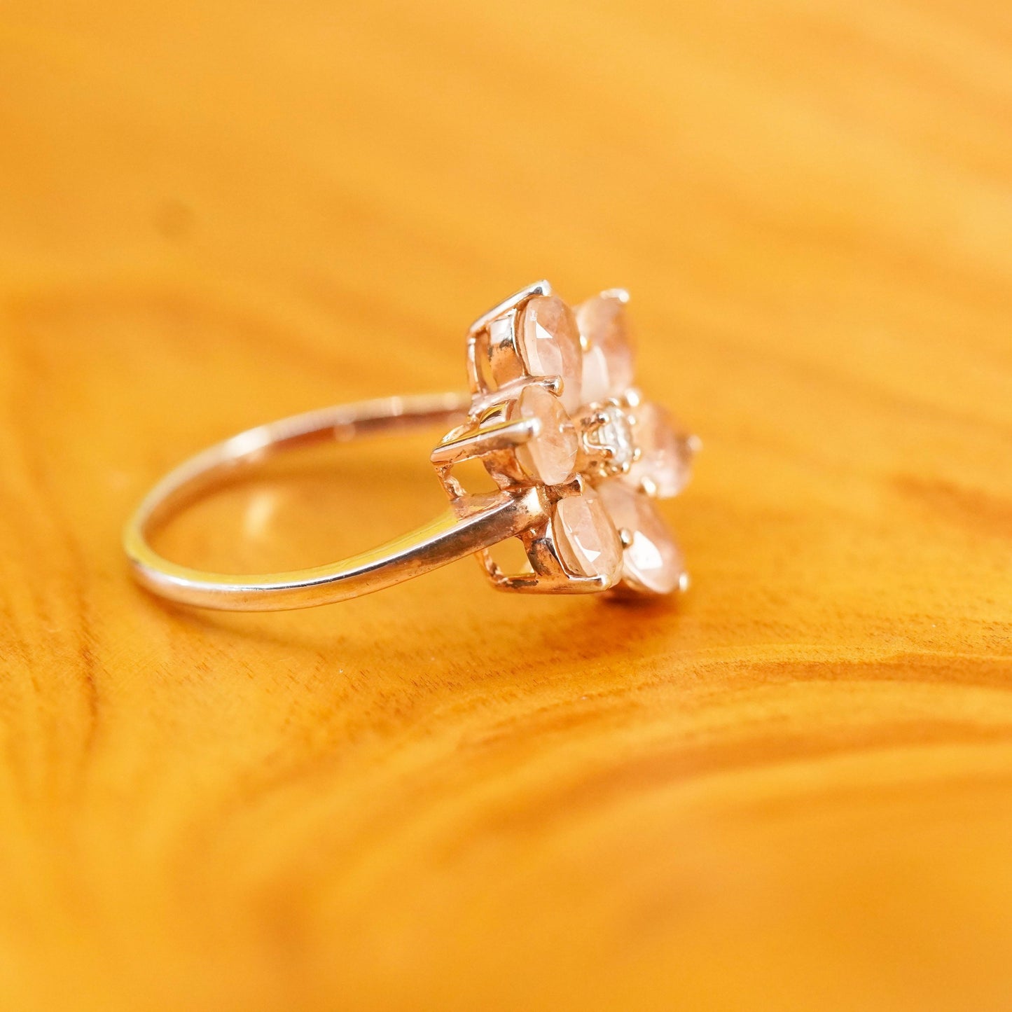 Size 6.75 vintage vermeil gold over Sterling 925 silver flower ring pink quartz