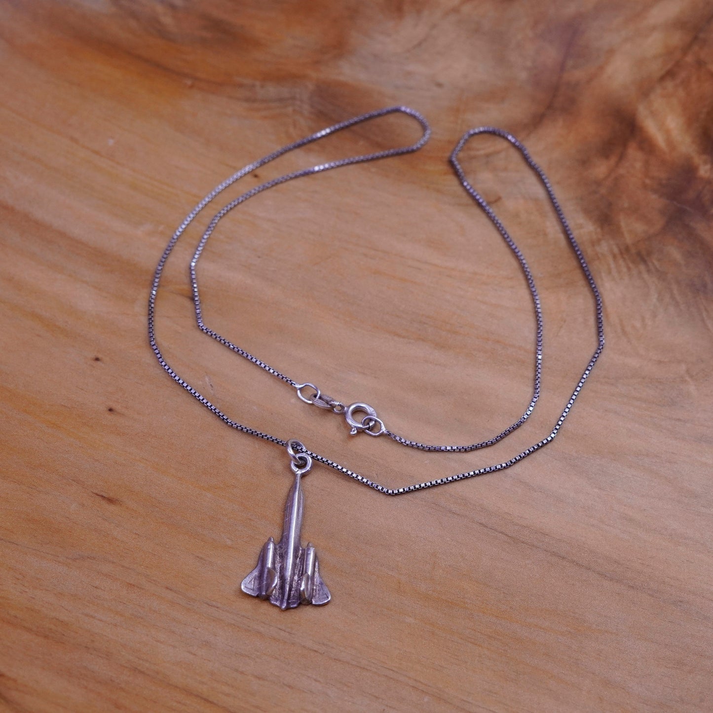 18”, Sterling silver handmade necklace, 925 box chain with airplane jet pendant