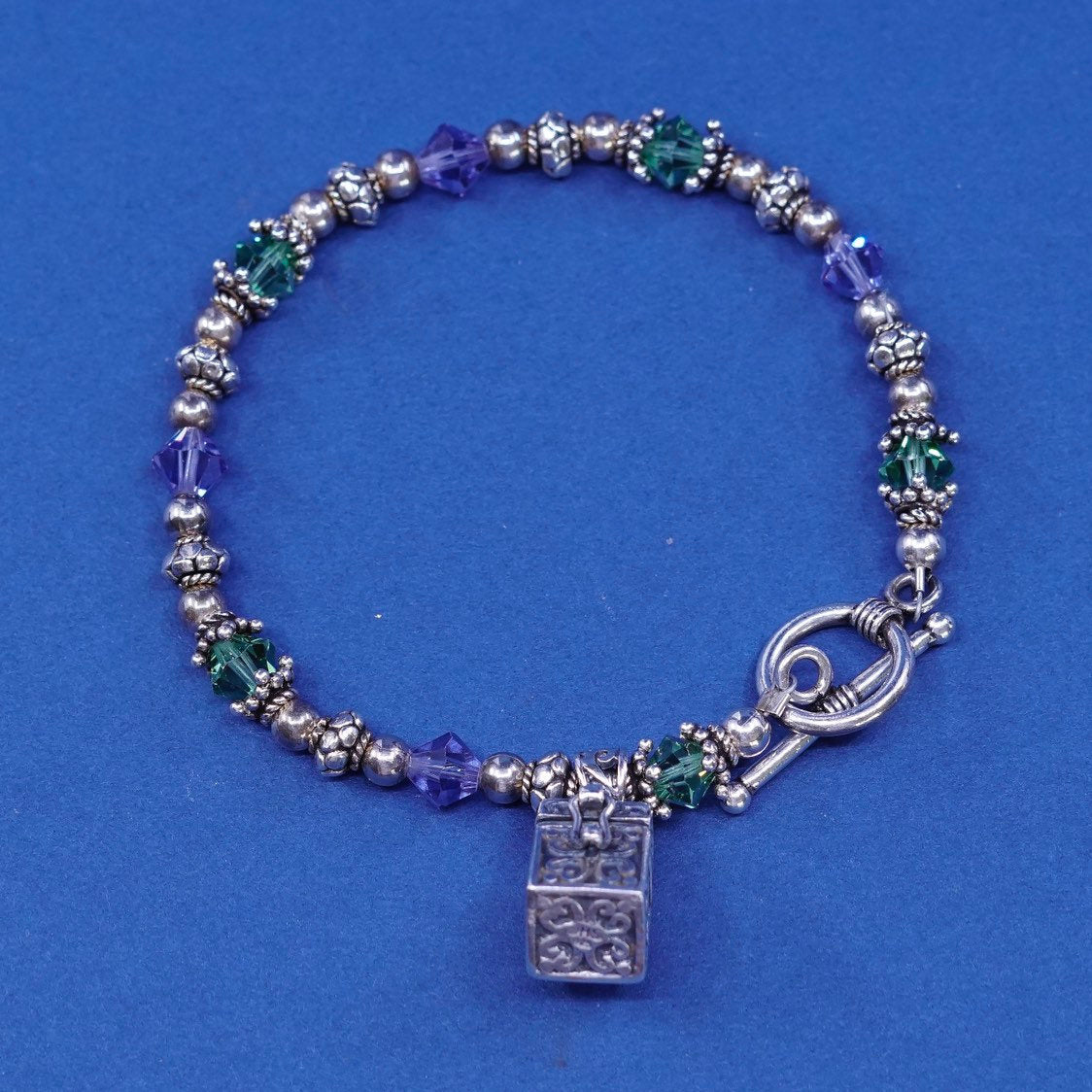 6.75", vtg sterling silver bracelet 925 beads w/ crystal N prayer locket charms