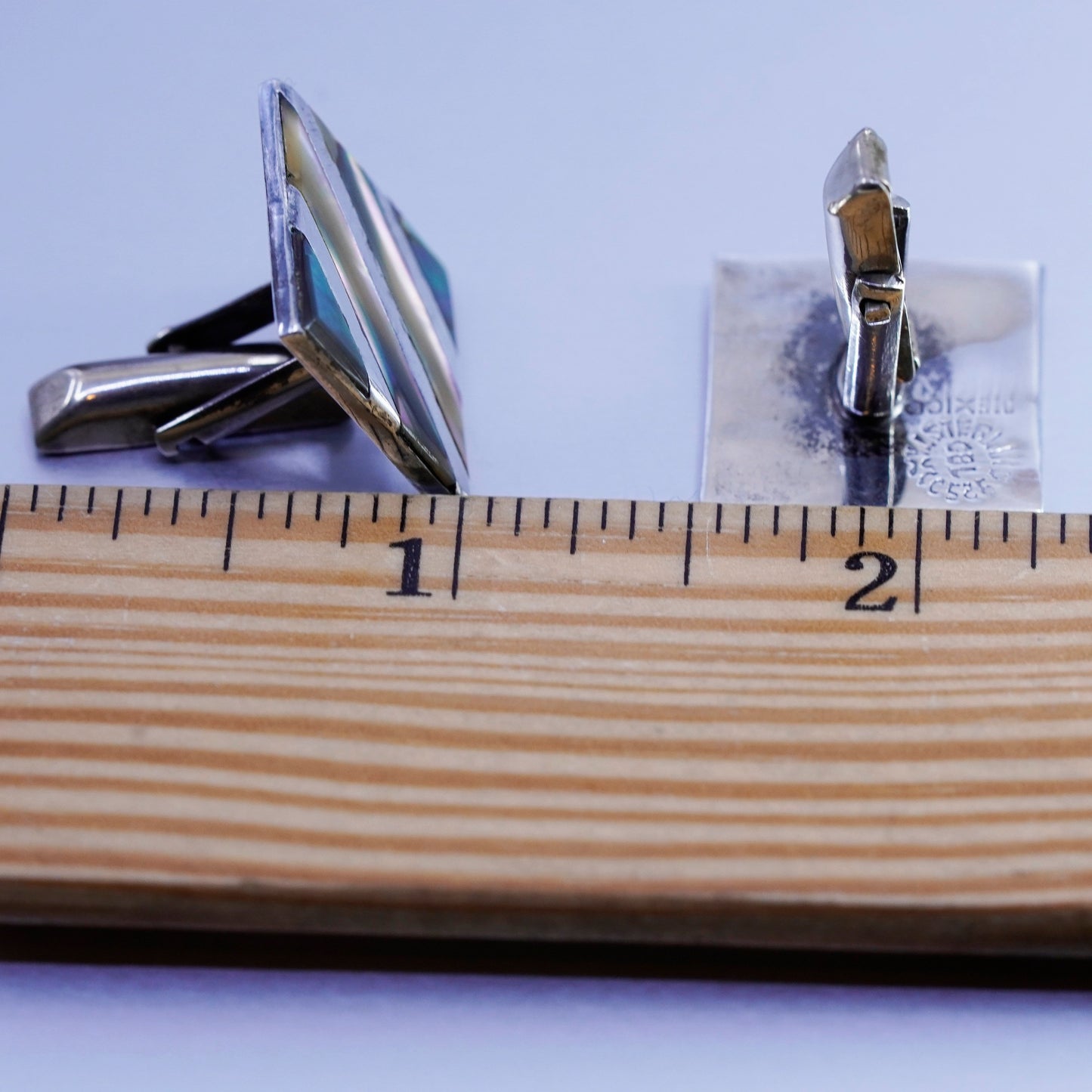 vtg CBL Mexico sterling silver handmade cuff link, 925 square cufflink abalone