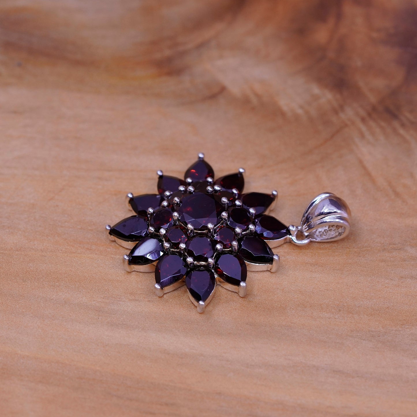 Vintage Sterling 925 silver handmade flower pendant with ruby
