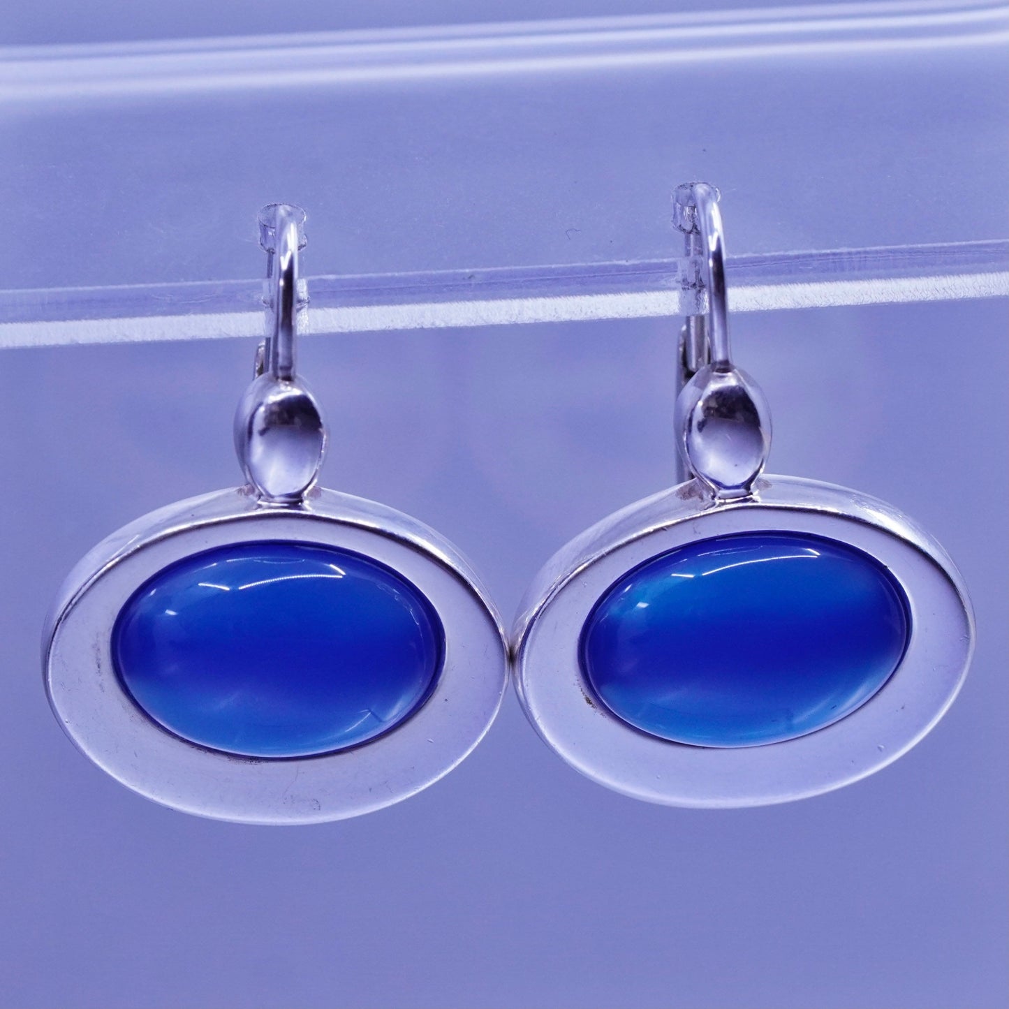 Vintage Sterling 925 silver oval earrings with blue cats eye beads