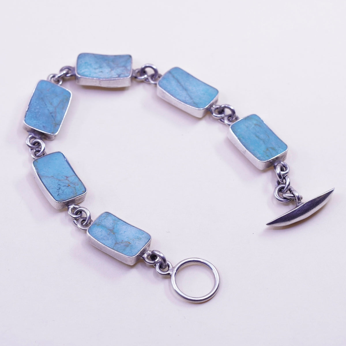 7.25”, vtg Sterling silver handmade bracelet, Mexico 925 chain square turquoise