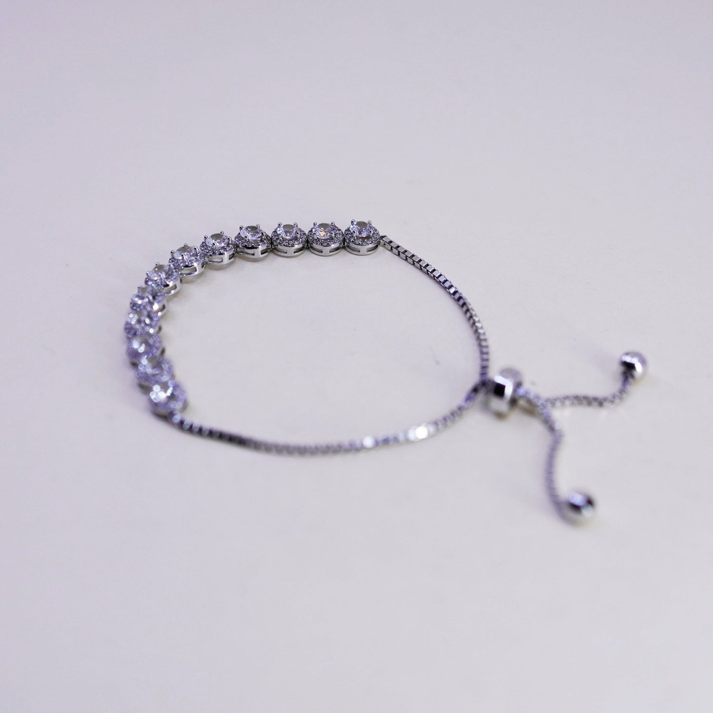 Size adjustable, Vintage sterling silver bracelet, 925 box chain w/ cluster cz