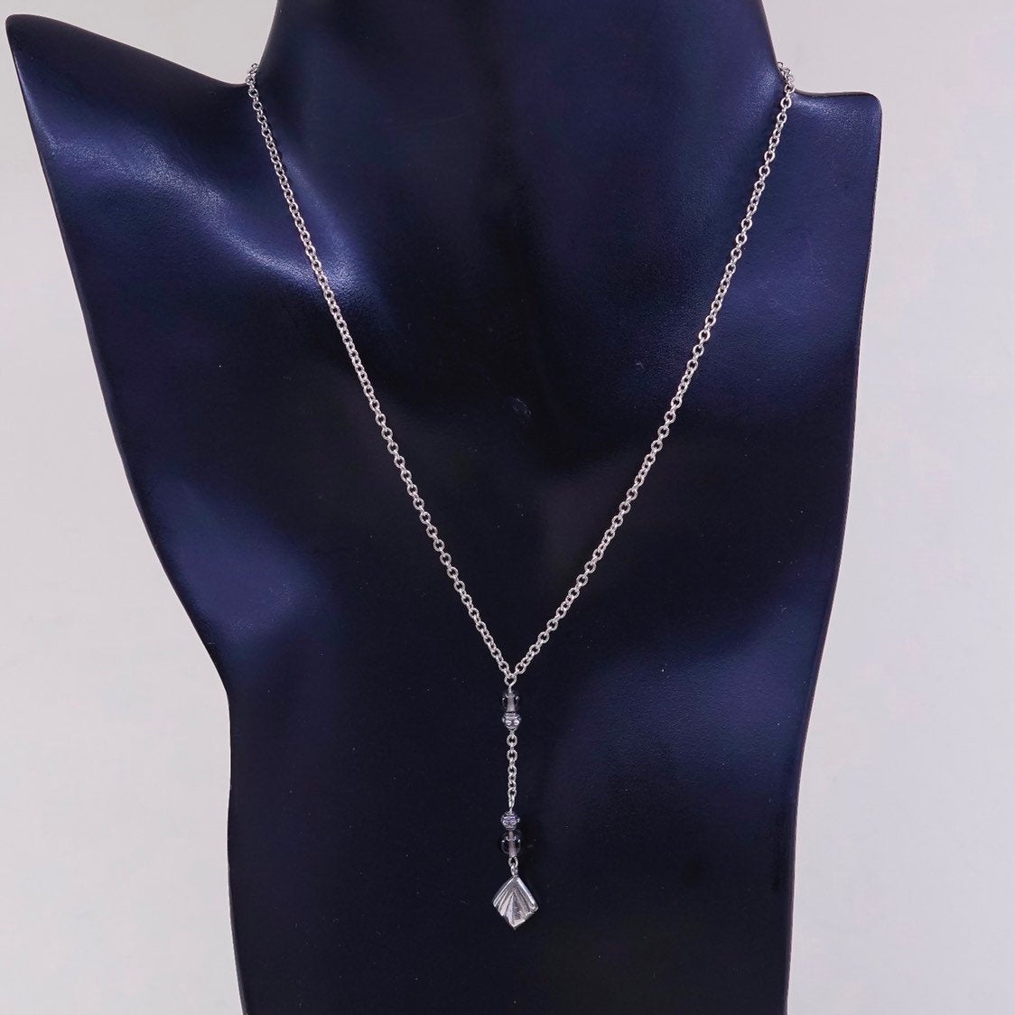 15”, vtg necklace, sterling silver 925 figuring chain w/ leaf N amethyst