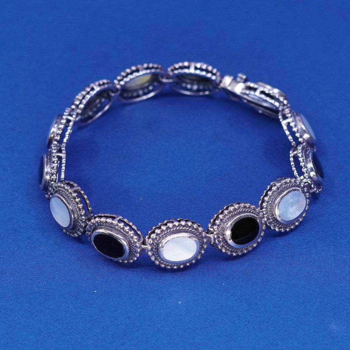 7.25", vtg Sterling silver handmade tennis bracelet, 925 w/ obsidian N MOP