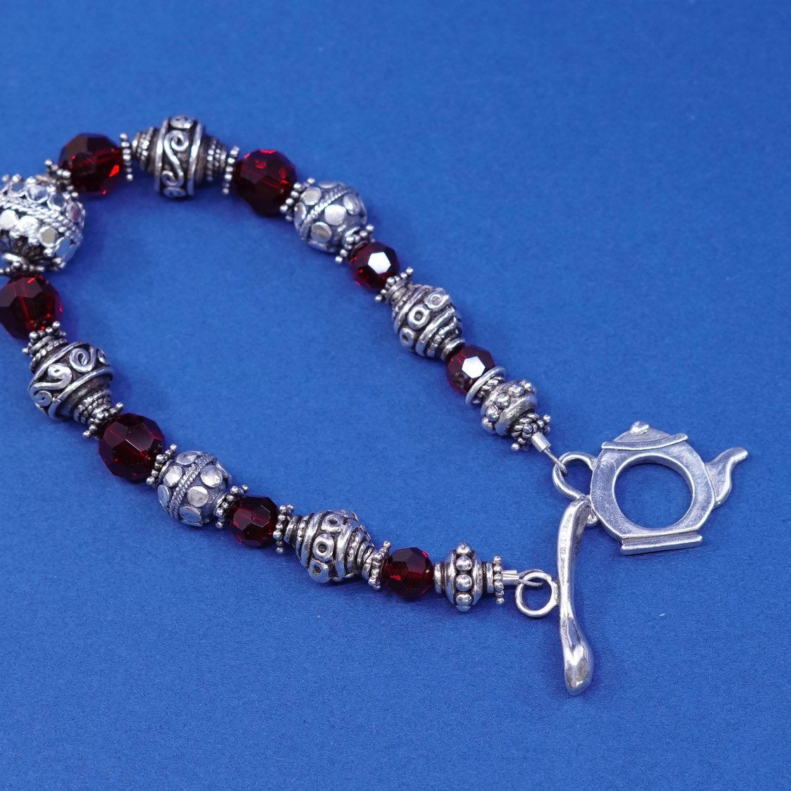 6”, vtg sterling silver handmade bracelet, 925 w/ crystal beads N teapot spoon