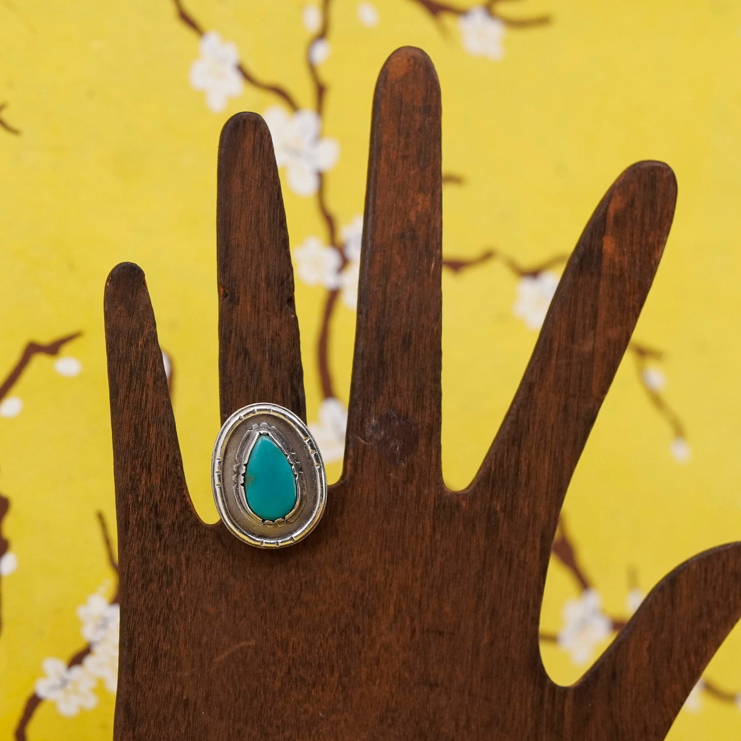 Size 4.5, vintage Sterling 925 silver handmade ring with teardrop turquoise