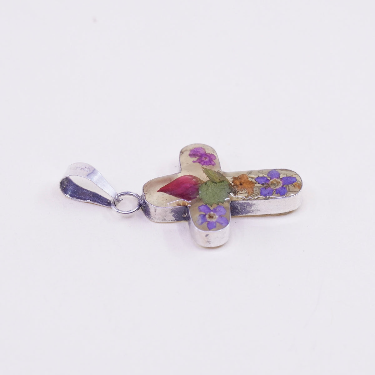 Vintage Sterling silver handmade pendant, mexico 925 resin cross with flower