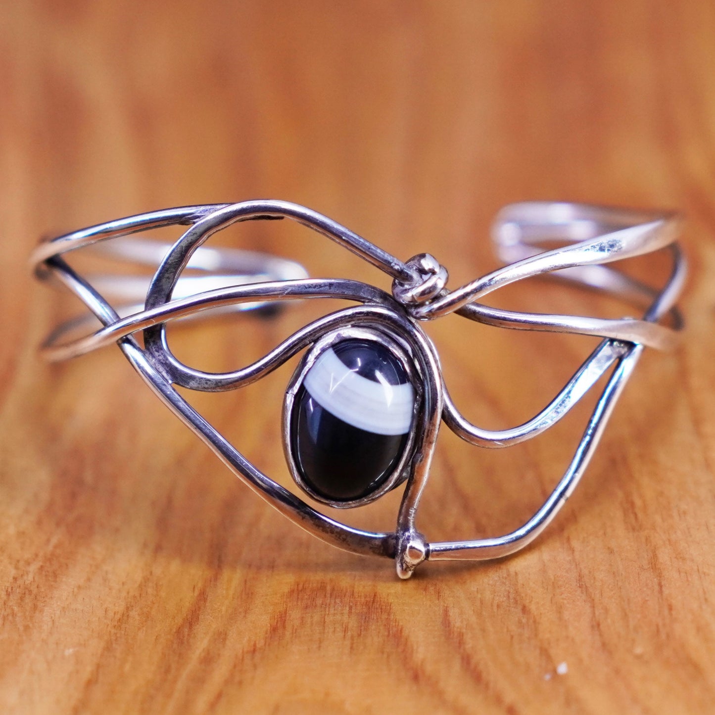 6”, antique sterling silver handmade bracelet, wired 925 cuff with agate