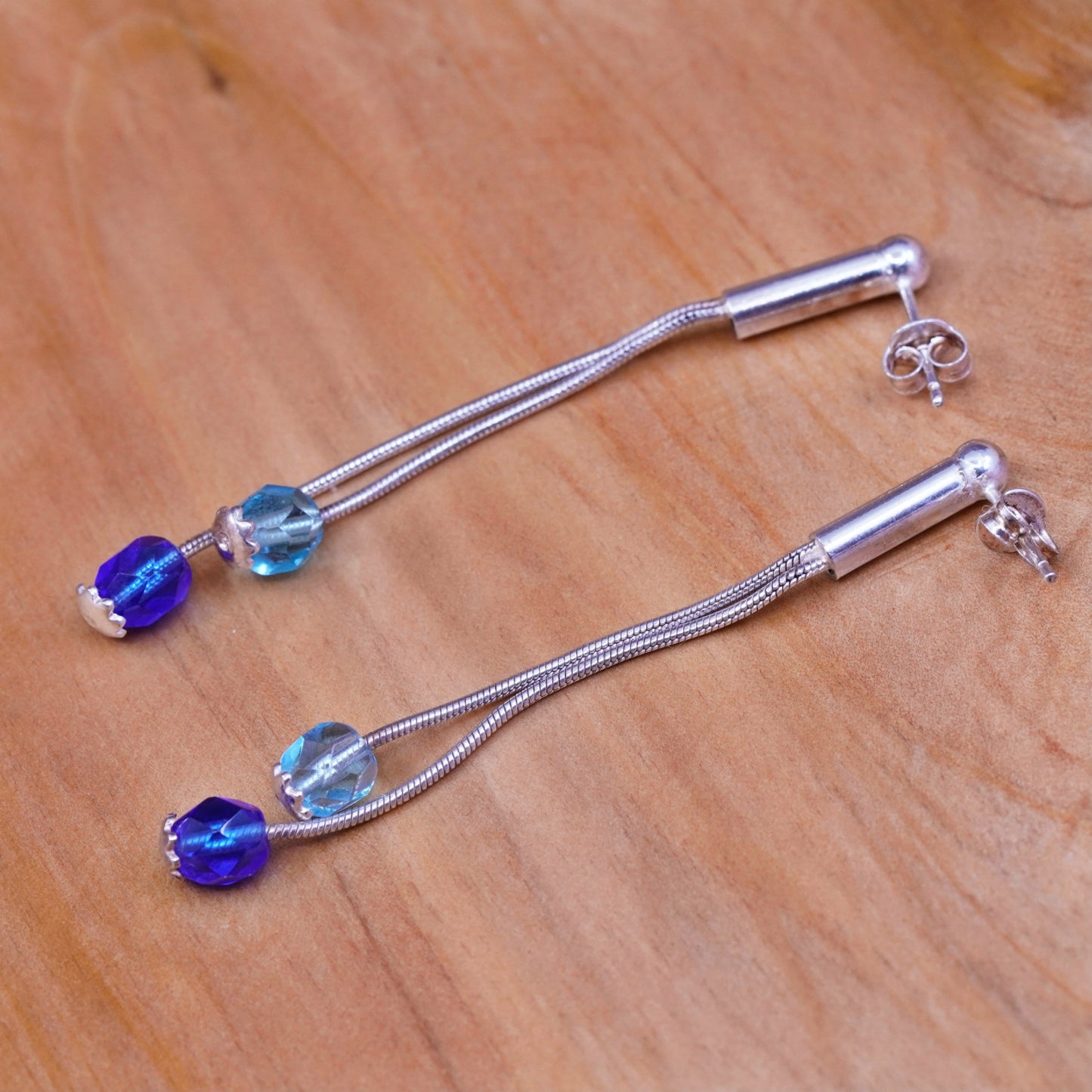 Vintage Sterling 925 silver handmade long earrings with blue Swarovski crystal