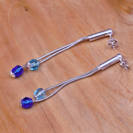 Vintage Sterling 925 silver handmade long earrings with blue Swarovski crystal