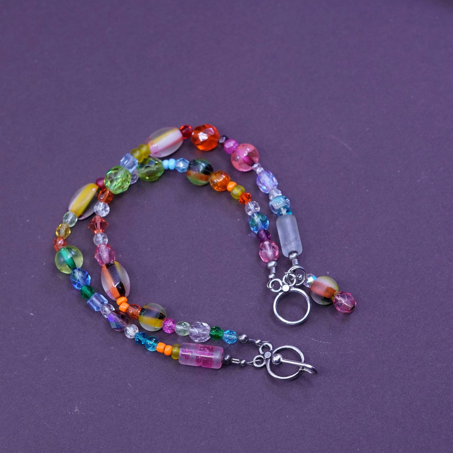 7.5”, handmade bracelet, colorful glass chain with sterling 925 silver clasp