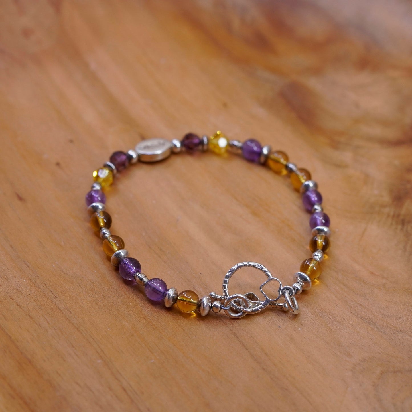 8”, Sterling silver handmade amethyst citrine beads bracelet with “Jesus” charm