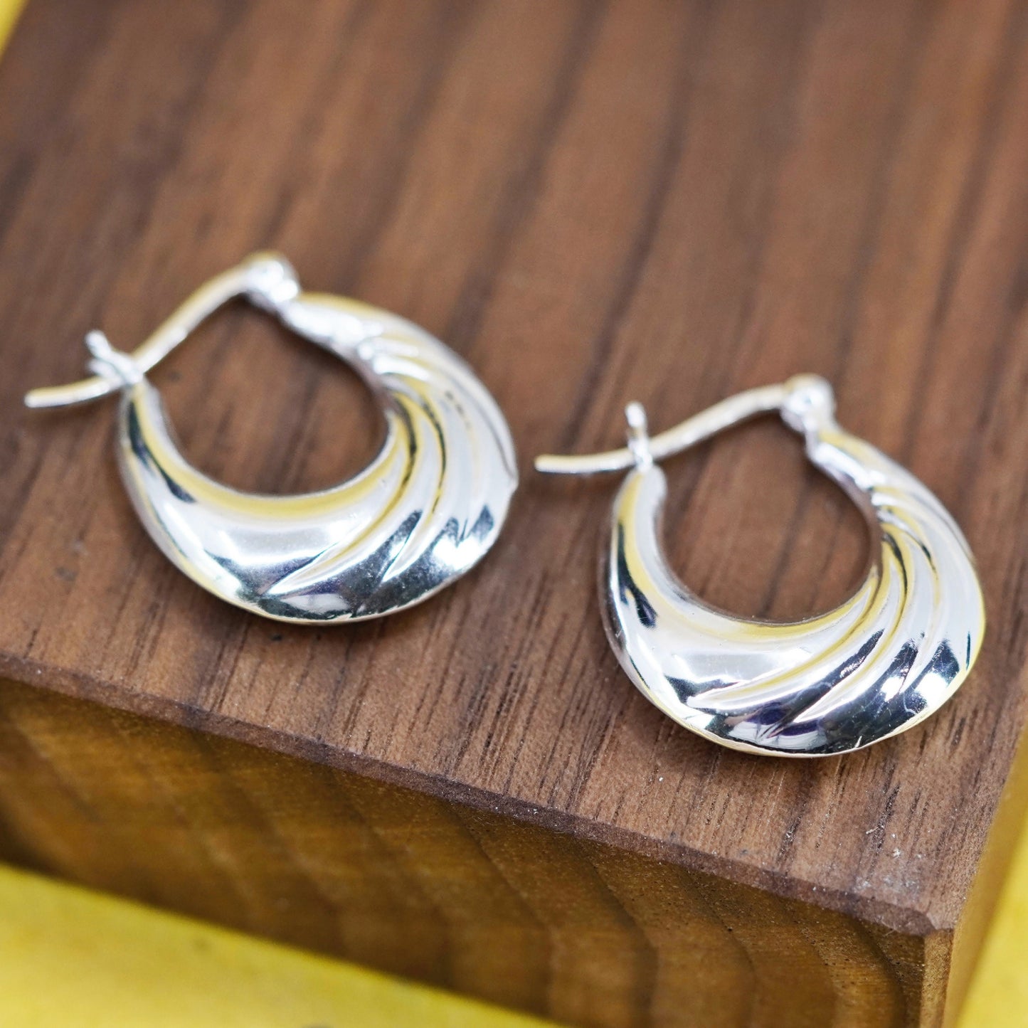 1”, Vintage Sterling silver handmade earrings, 925 ribbed hoops