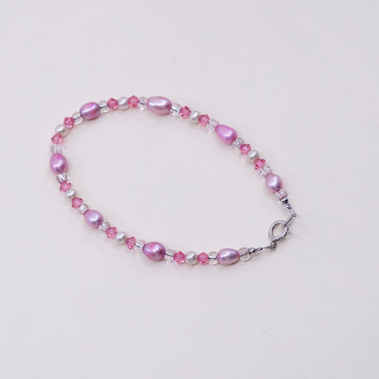 7.5”, Vintage handmade bracelet, pink pearl and crystal with 925 silver clasp