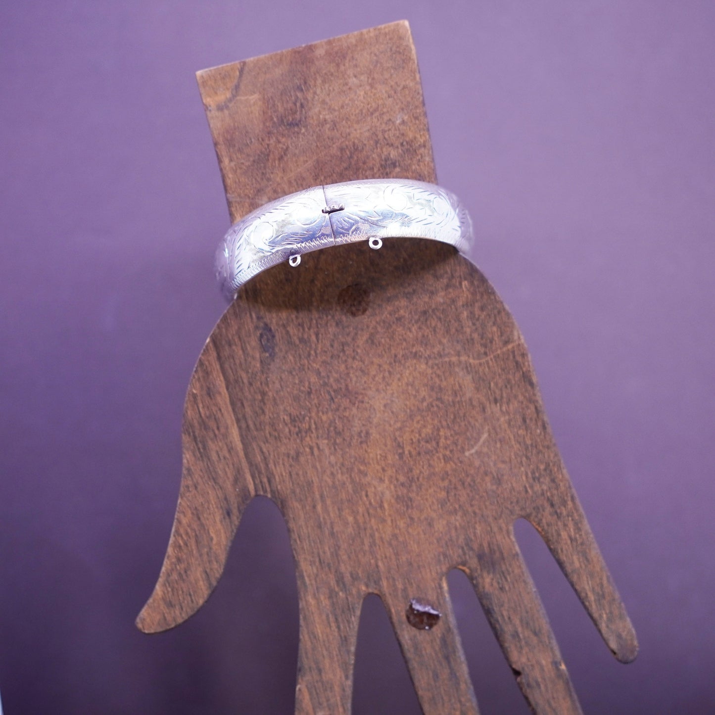 7.25”, Vintage Sterling silver handmade bracelet, textured 925 hinged bangle