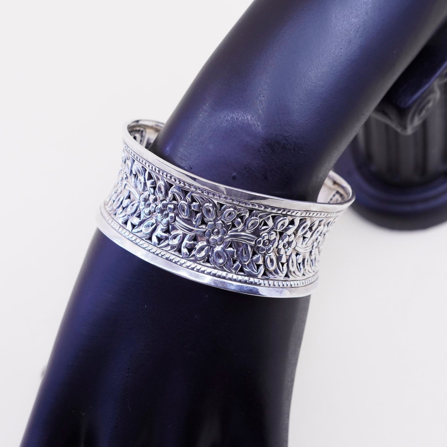 6.5”, sterling silver handmade bracelet, wide 925 cuff with filigree flower