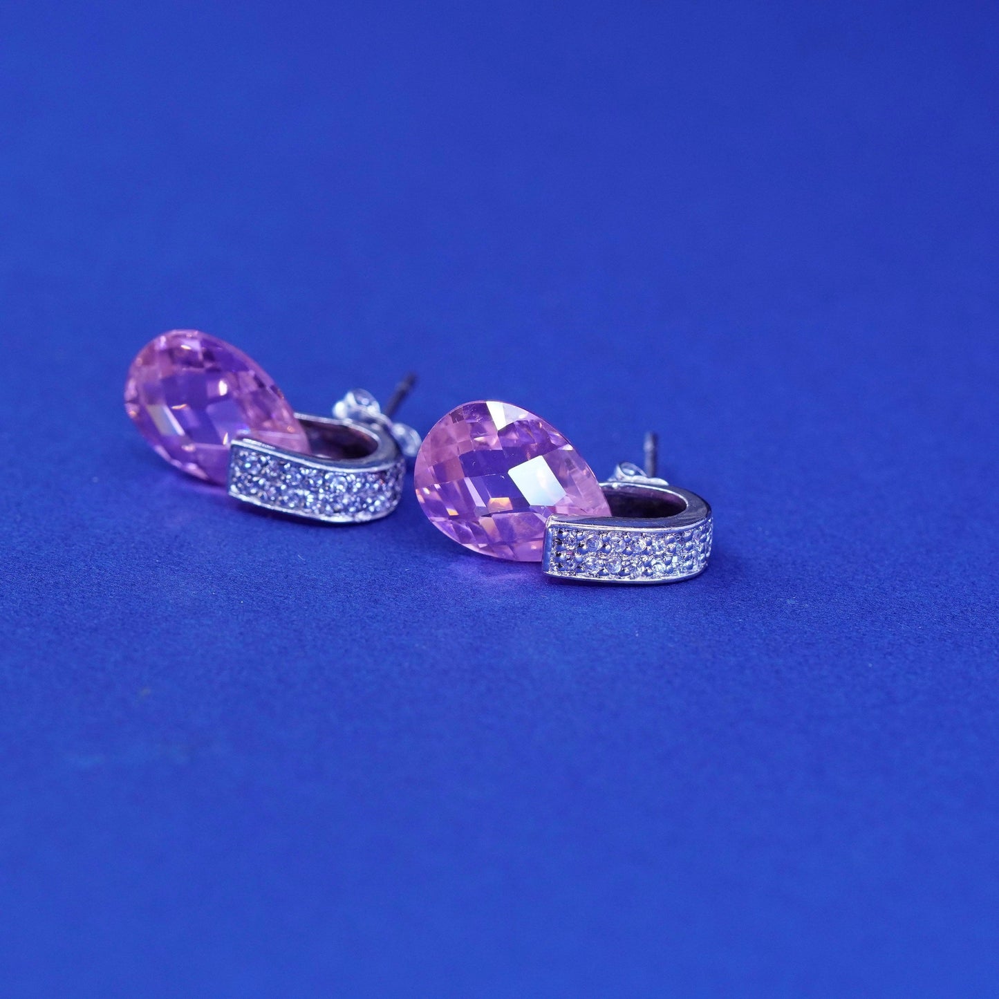 Vintage Sterling 925 silver handmade earrings with pink crystal drop and Cz