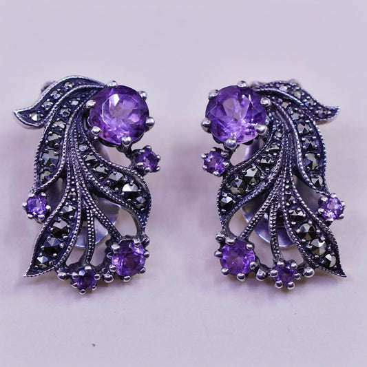 Vintage Sterling 925 silver handmade leafy clip on earrings amethyst Marcasite