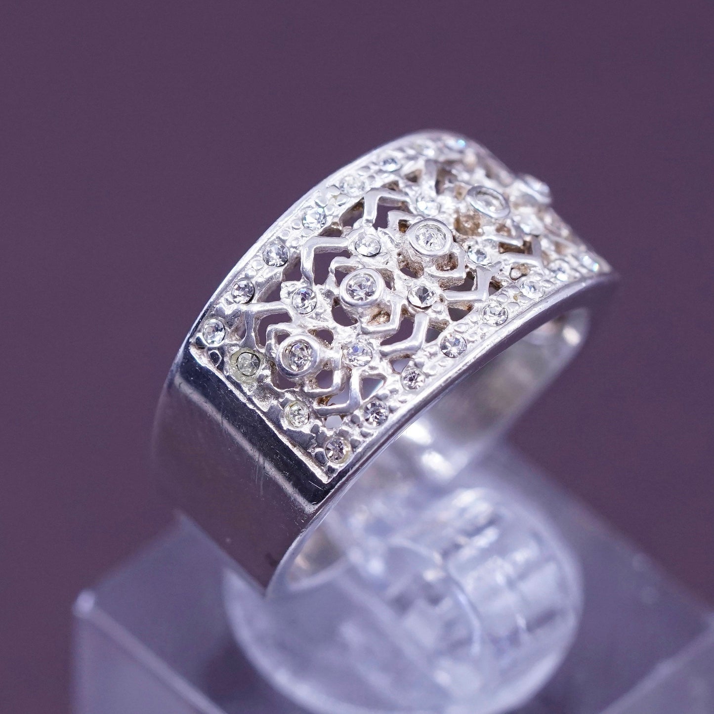 Size 7, vintage Sterling silver engagement ring, 925 band with cluster Cz