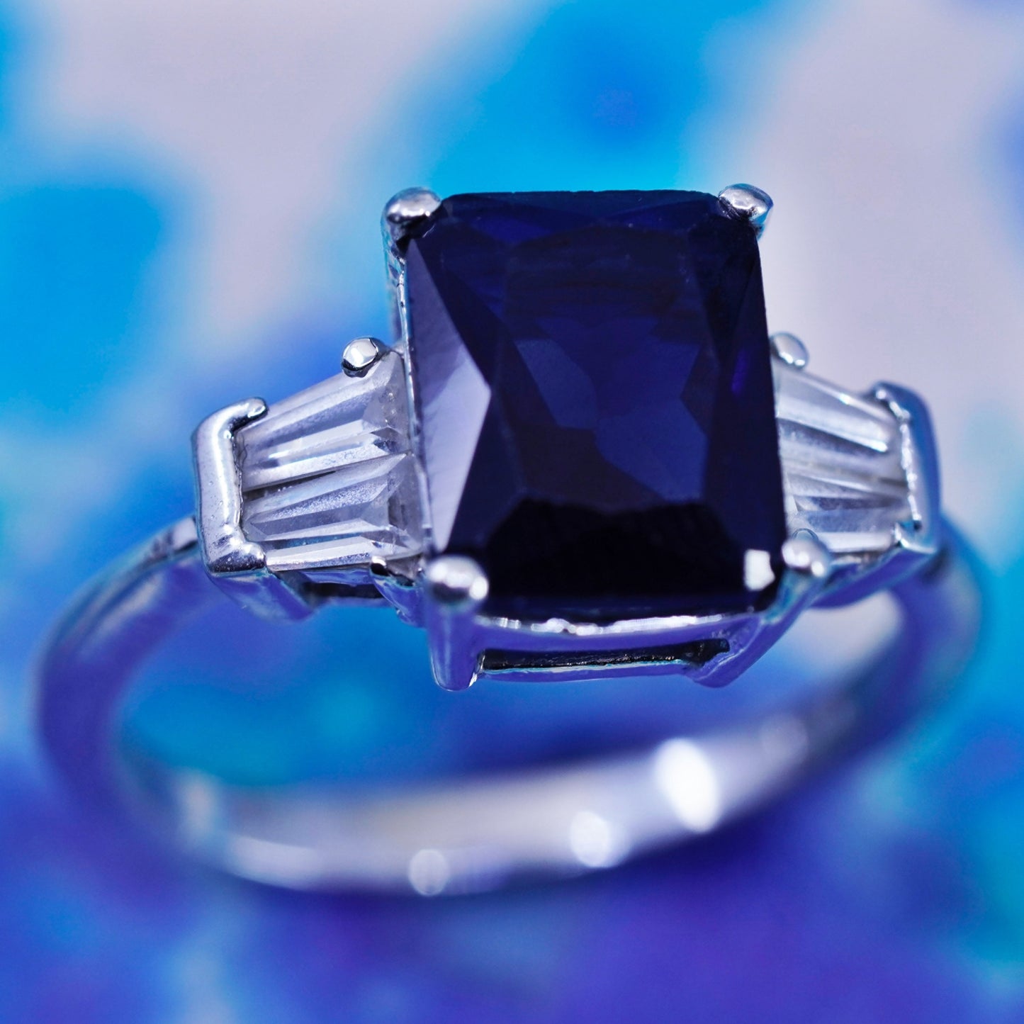 Size 8.25, vintage Sterling 925 silver handmade ring with sapphire and crystal