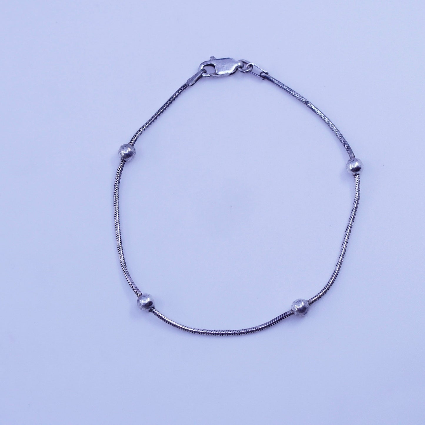 7.25”, 1mm, Sterling 925 silver handmade bracelet, snake chain with beads