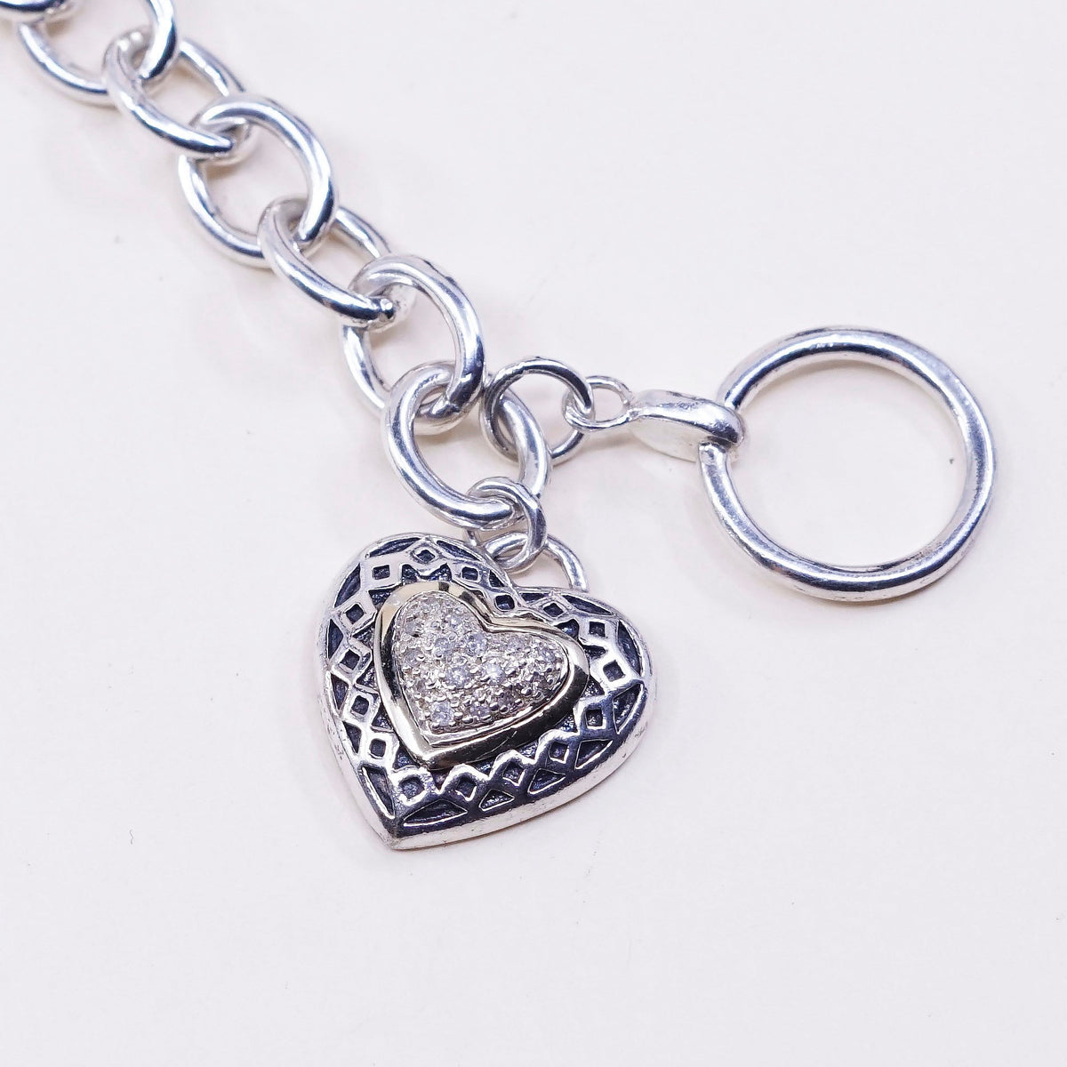 7”, 14K gold w/ sterling silver bracelet, 925 circle chain w/ heart charm