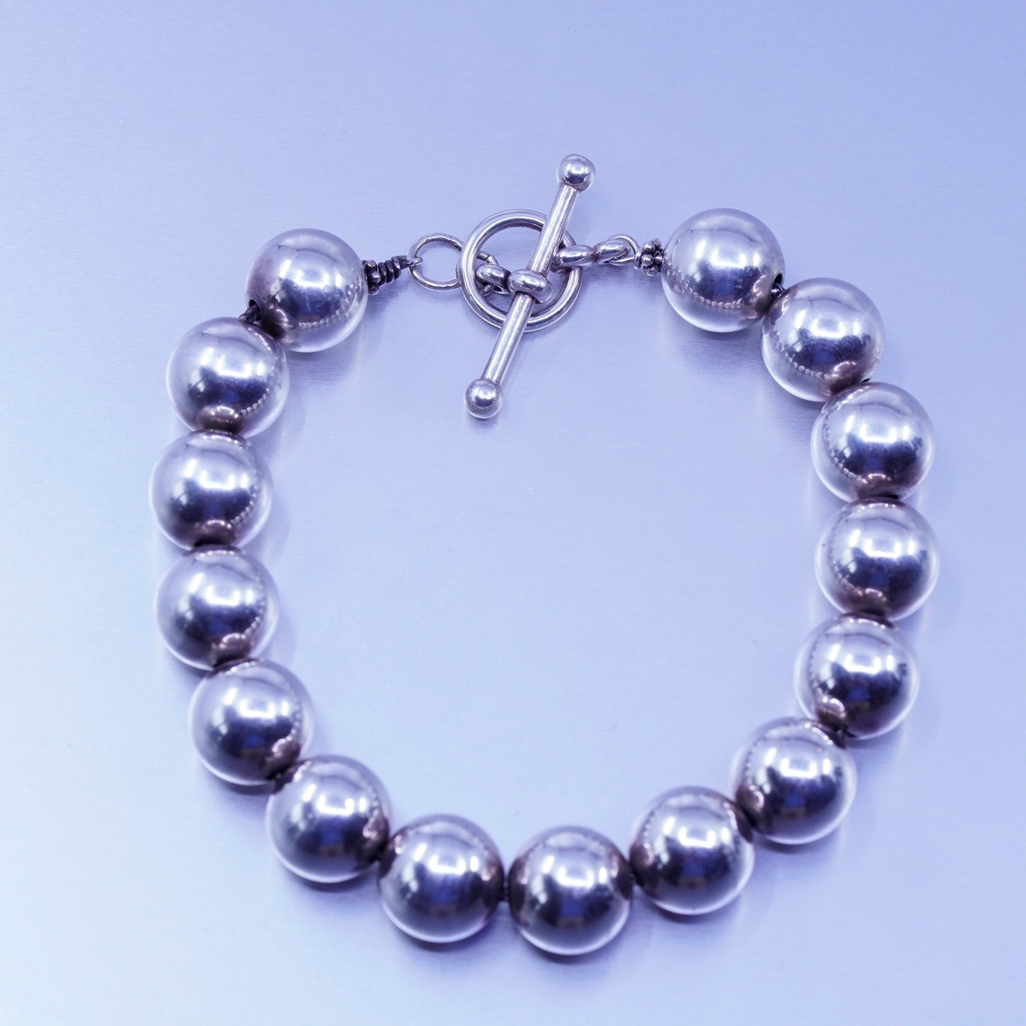 7.5”, 13mm, vintage Mexico Sterling 925 silver handmade bold bead bracelet