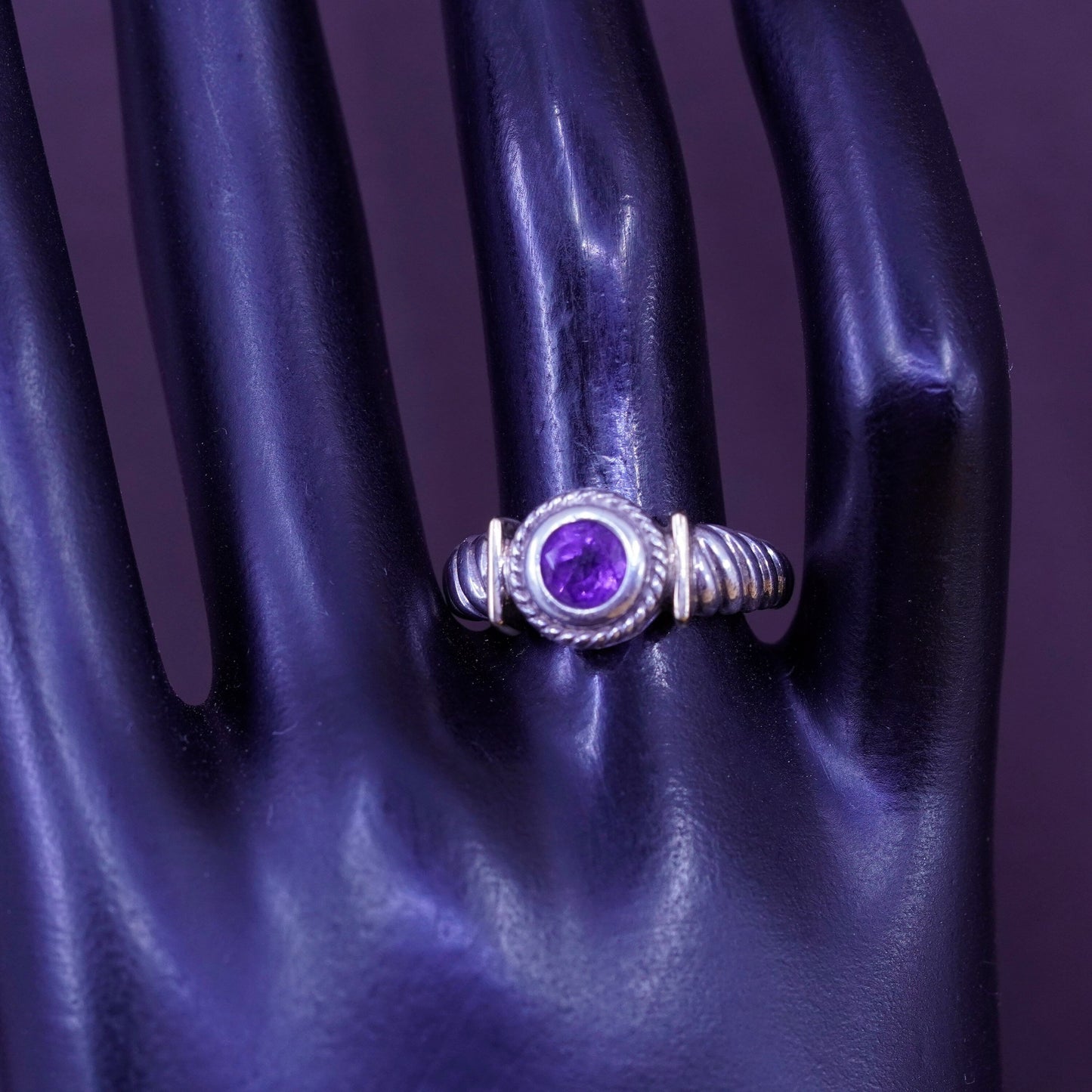 Size 8.25, 14K yellow gold with Sterling silver ring, 925 band with amethyst