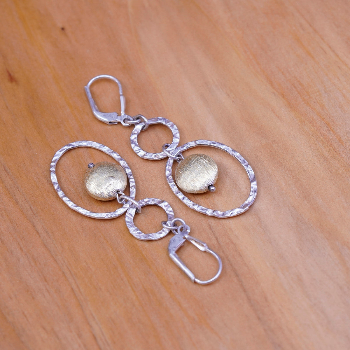 two tone Sterling 925 silver handmade circle earrings with brass bead dangles