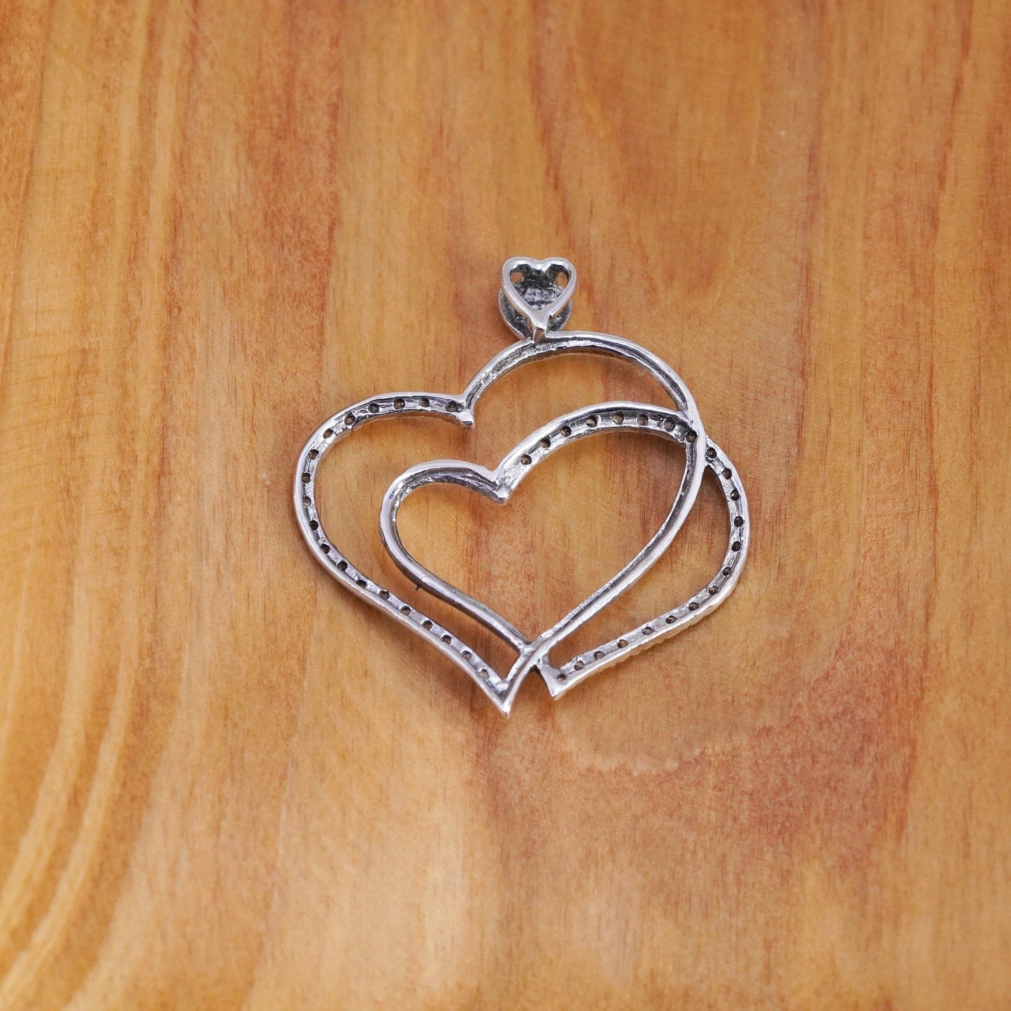 Vintage sterling silver pendant, 925 double heart with genuine diamond around