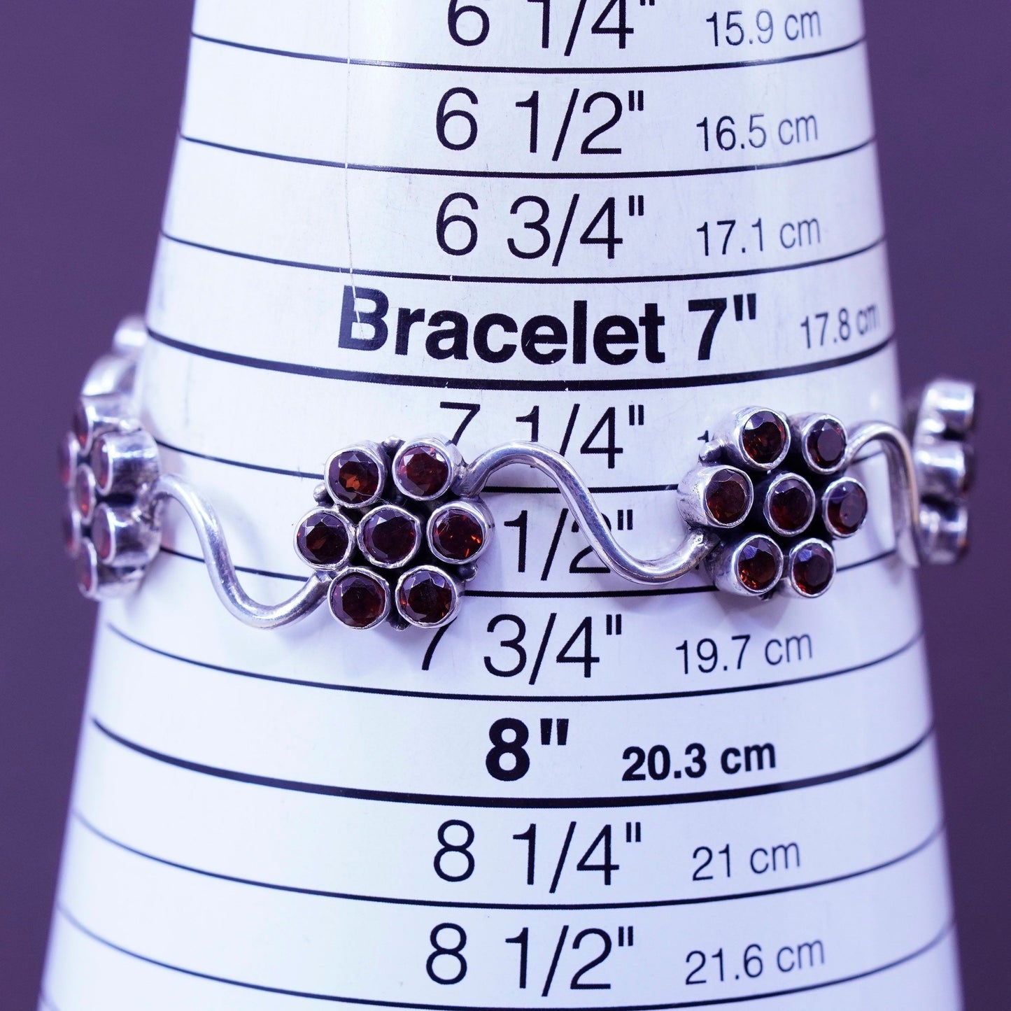 7.5”, southwestern Sterling silver handmade bracelet, 925 bangle ruby flower