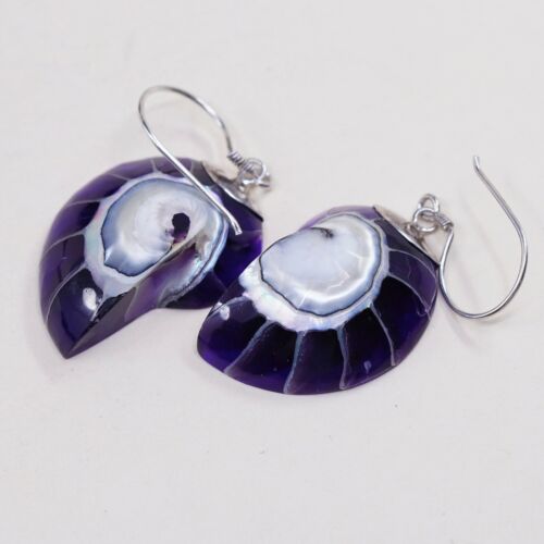 Vtg STERLING 925 SILVER Handmade Purple Shell EARRINGS Dangles, Stamped 925
