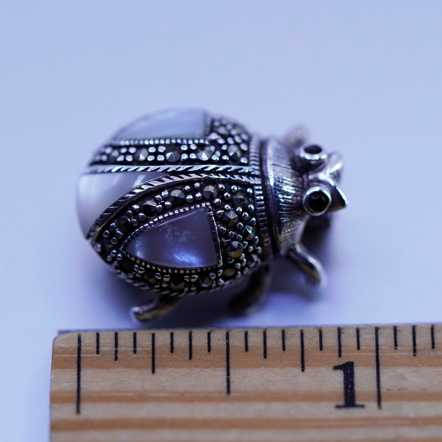 sterling silver handmade brooch, 925 ladybug pin with moonstone and marcasite