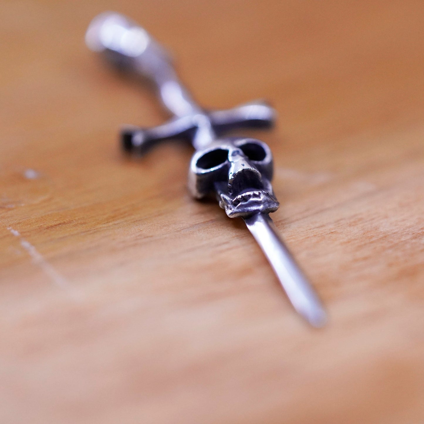 Vintage Sterling silver handmade pendant, 925 cross sword with skull