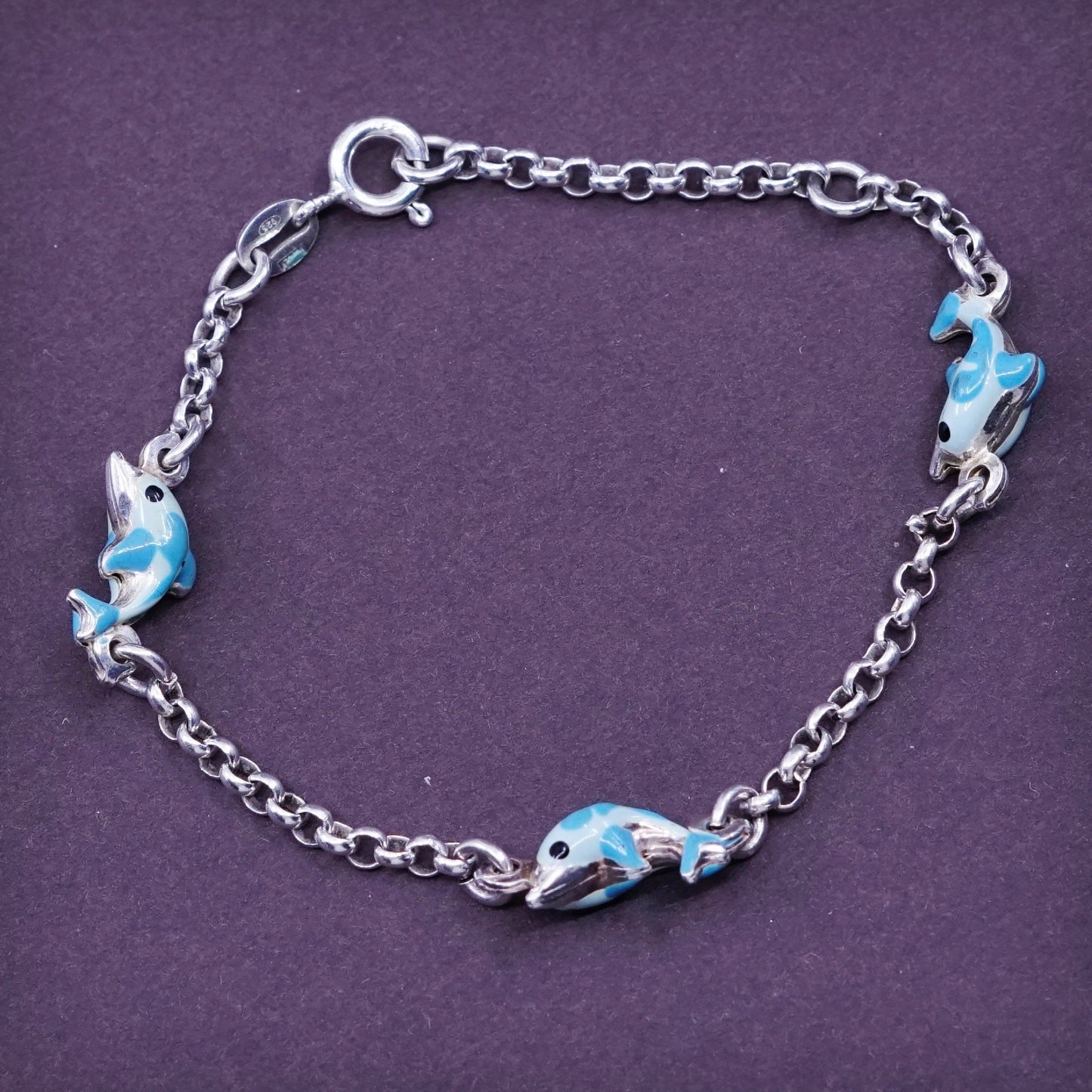 5.5”, sterling 925 silver handmade bracelet, circle chain w/ enamel dolphin
