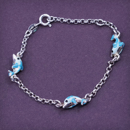 5.5”, sterling 925 silver handmade bracelet, circle chain w/ enamel dolphin
