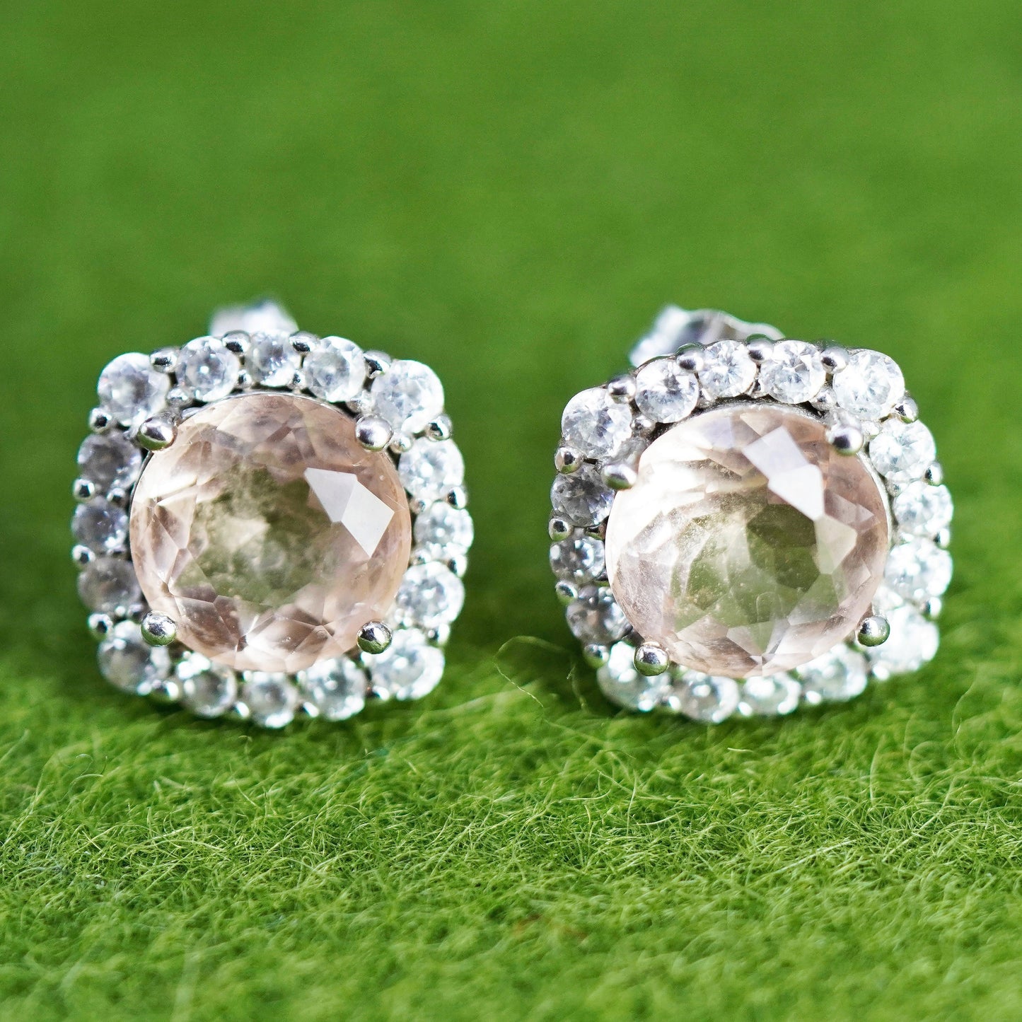 Vintage sterling silver studs earrings with citrine and cz, fashion earrings