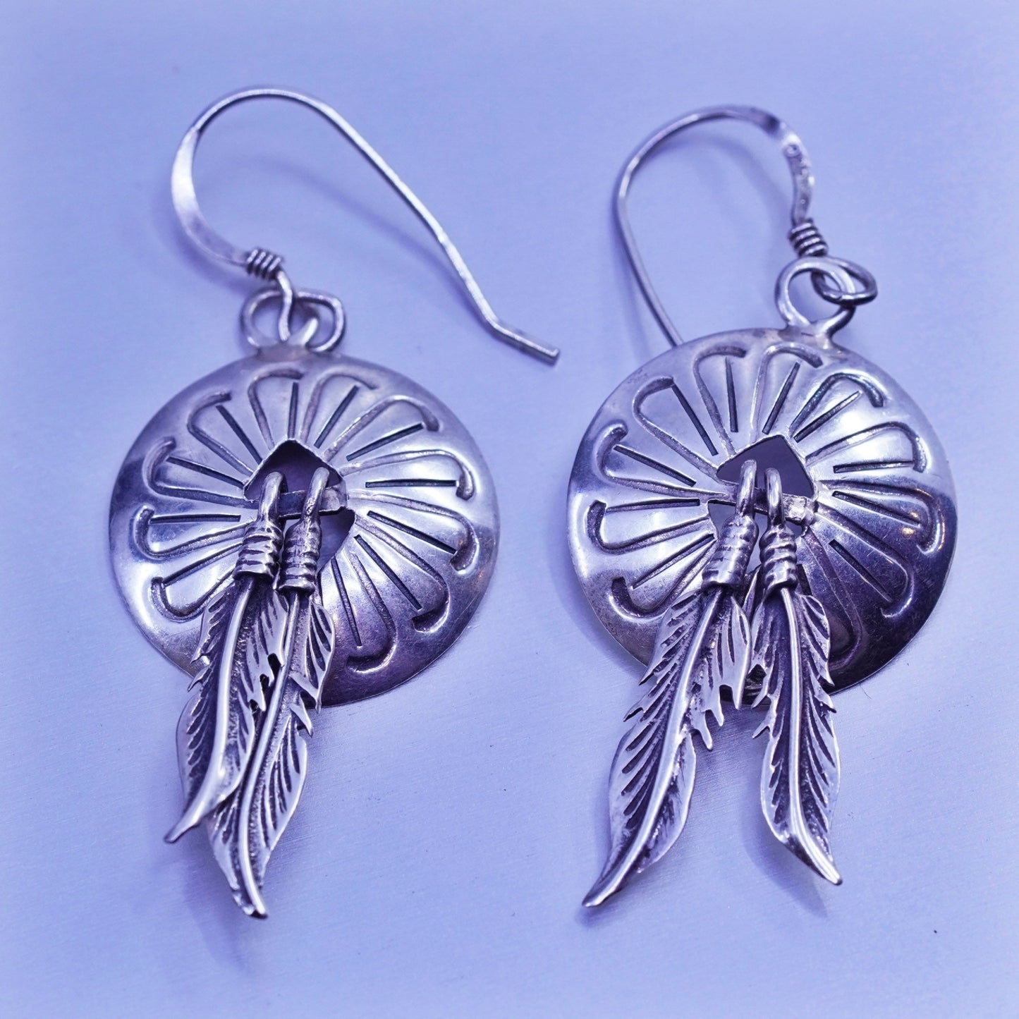 vintage Sterling silver handmade earrings, 925 textured disc feather dangles