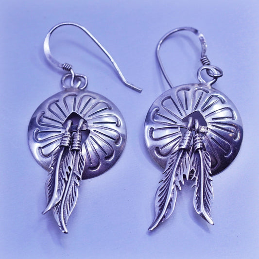 vintage Sterling silver handmade earrings, 925 textured disc feather dangles
