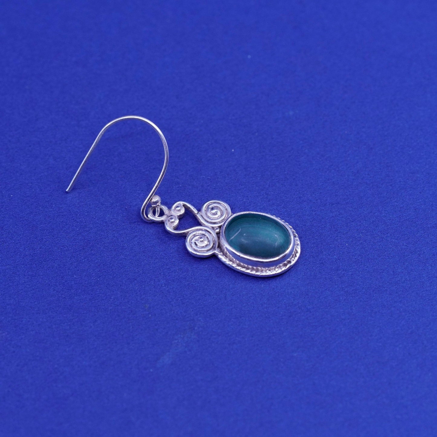 Vintage mexico sterling silver handmade earrings, 925 dangles oval malachite