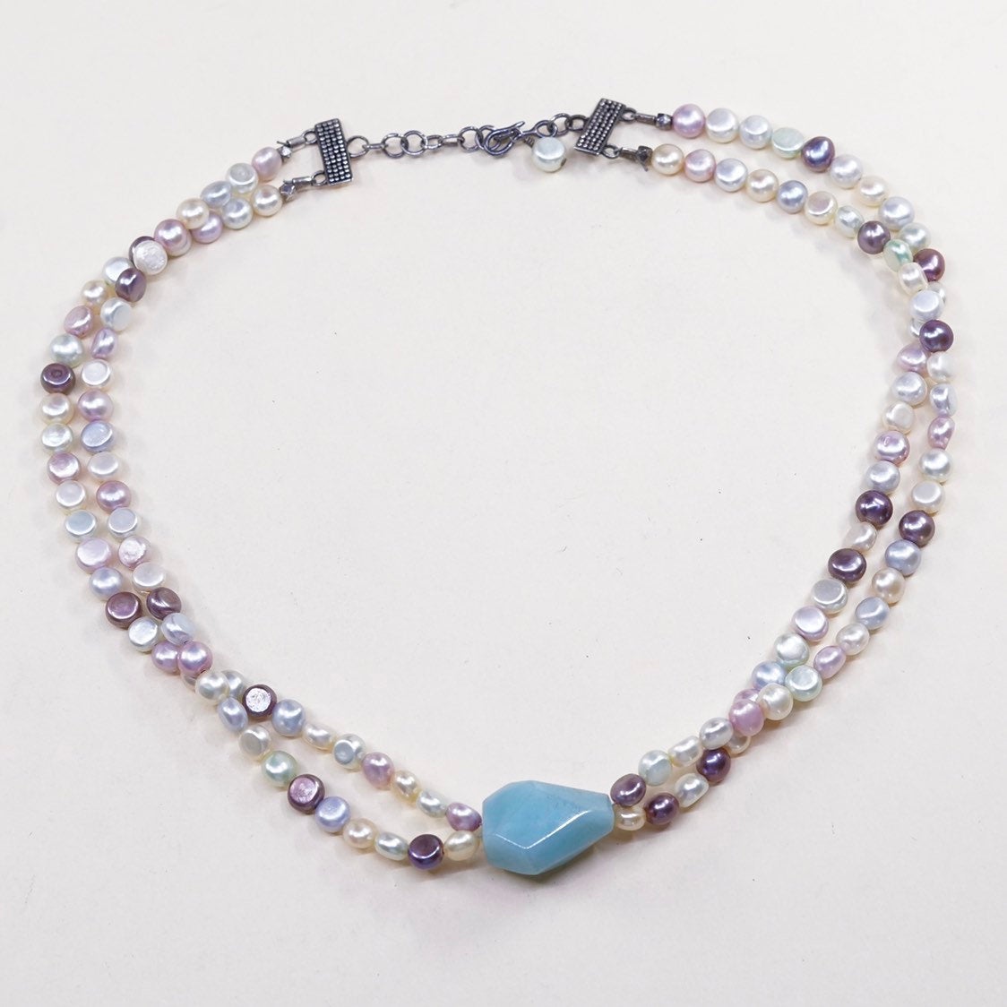 16”+1”, vtg Sterling 925 silver chain with pearl beads N nugget Larimar pendant