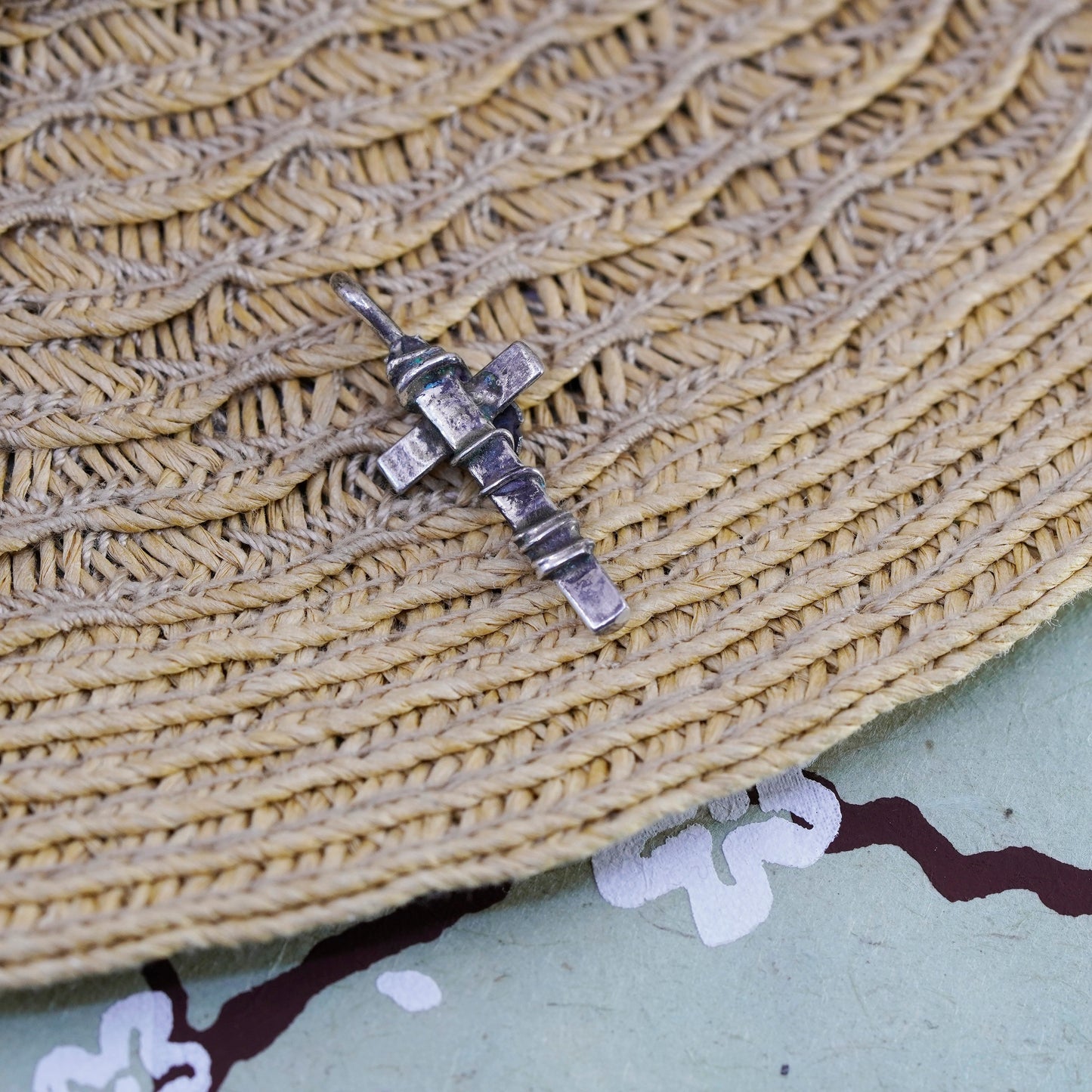 Vintage Sterling silver handmade pendant, 925 wired cross with leaf