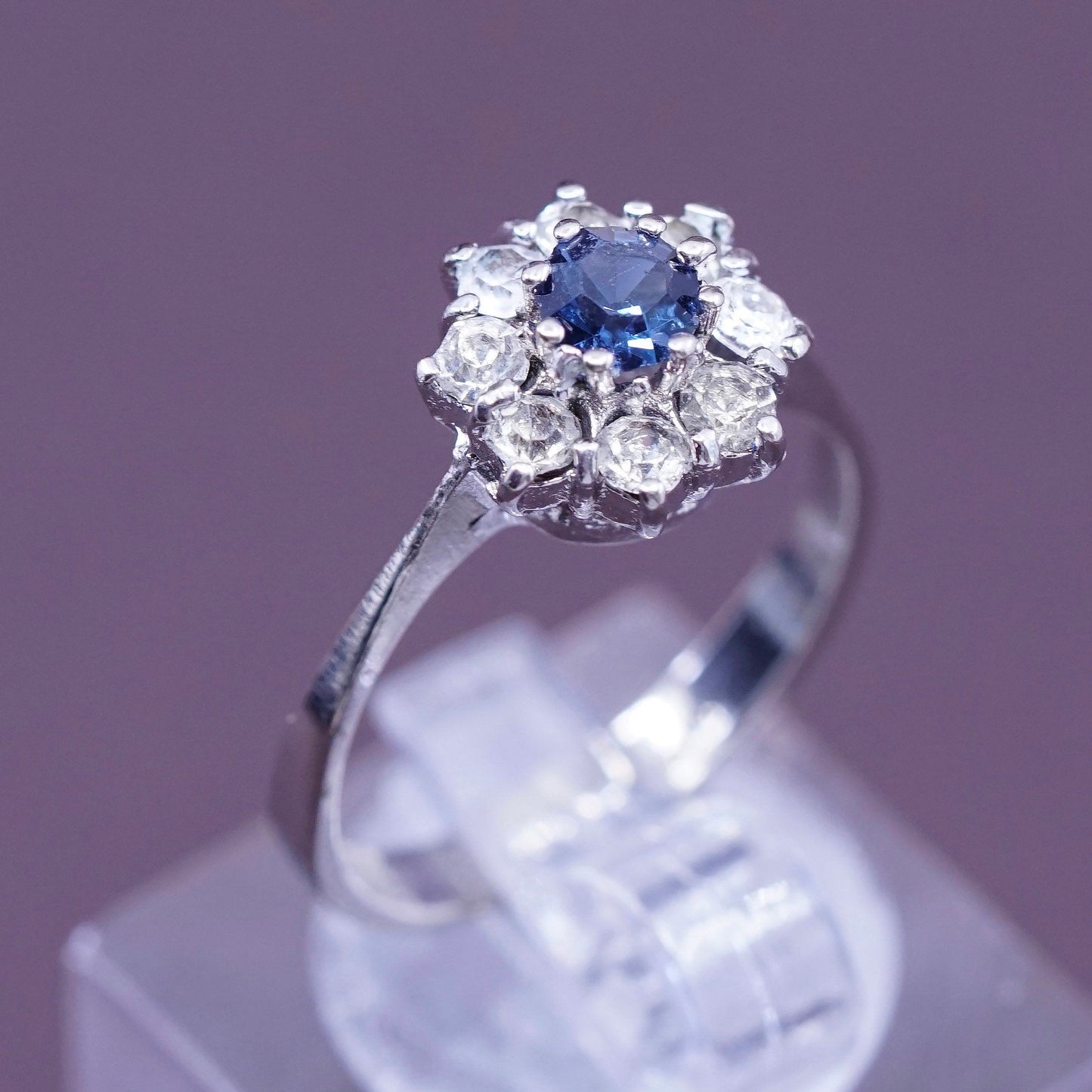 Size 6.5, vintage Sterling 925 silver handmade ring with crystal and sapphire
