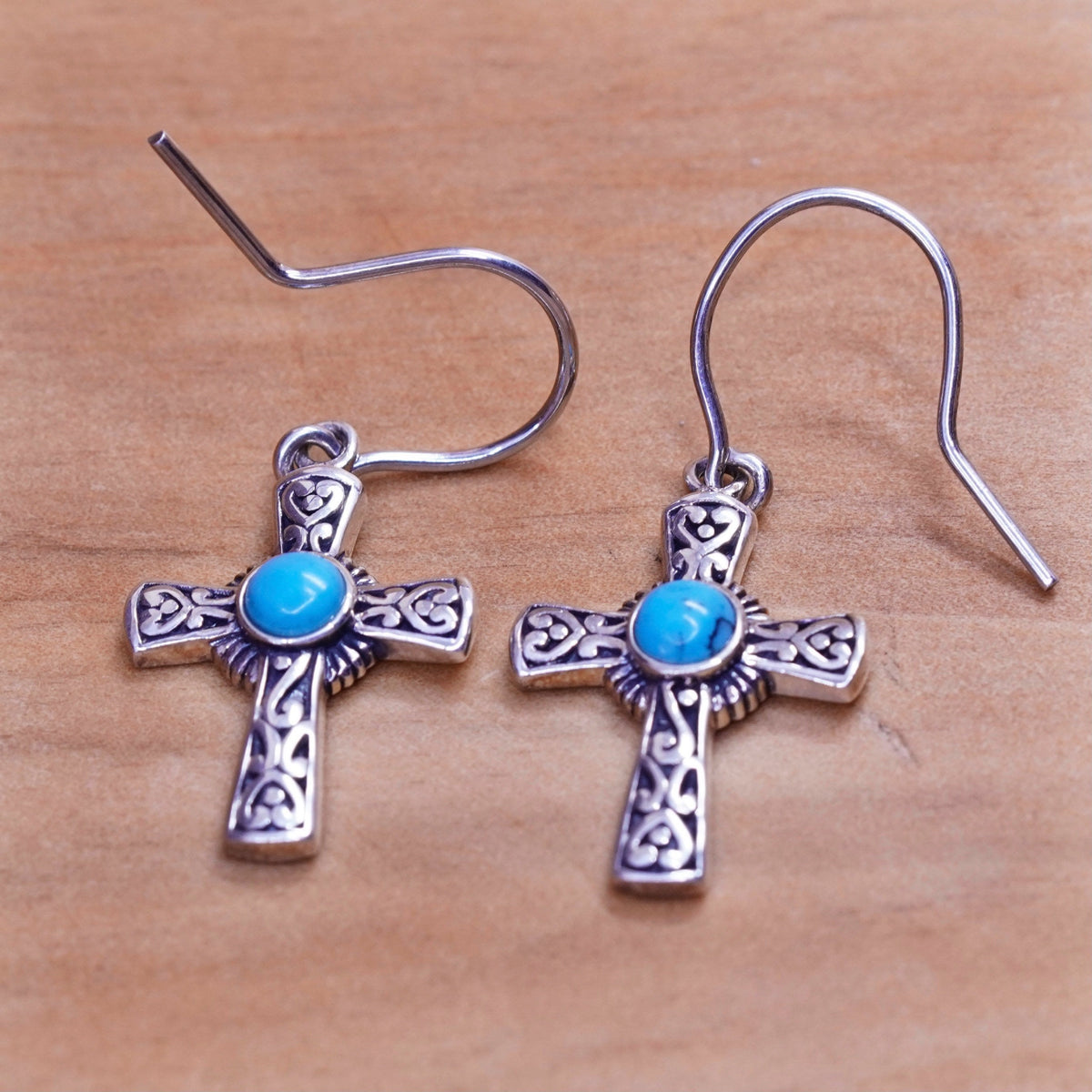 Vintage Sterling silver handmade earrings, 925 Bali cross with turquoise