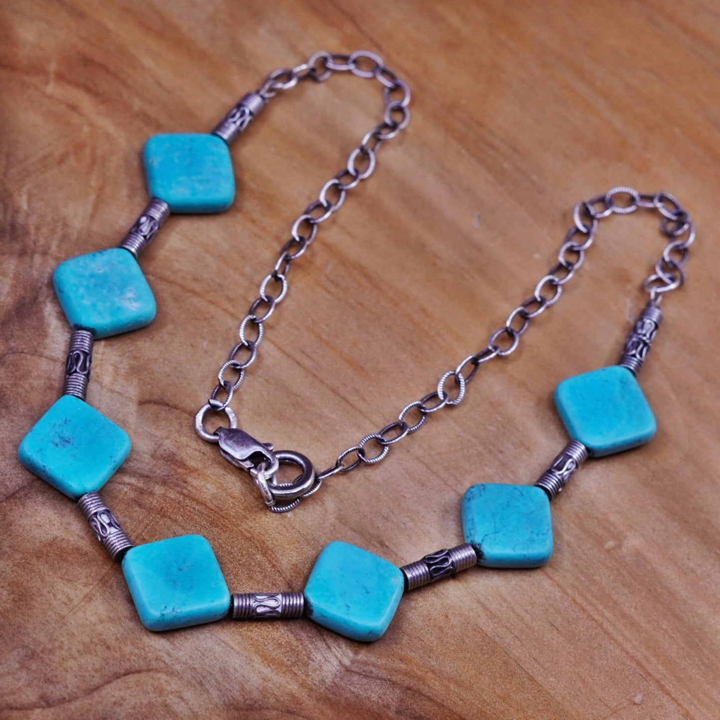 15”. Native American Sterling 925 silver handmade necklace w/ square turquoise
