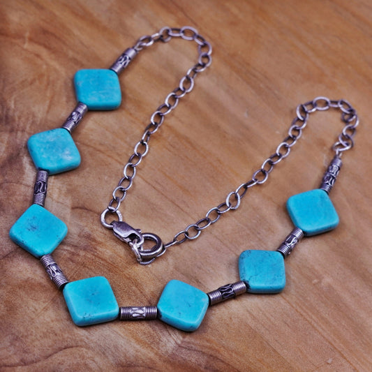 15”. Native American Sterling 925 silver handmade necklace w/ square turquoise
