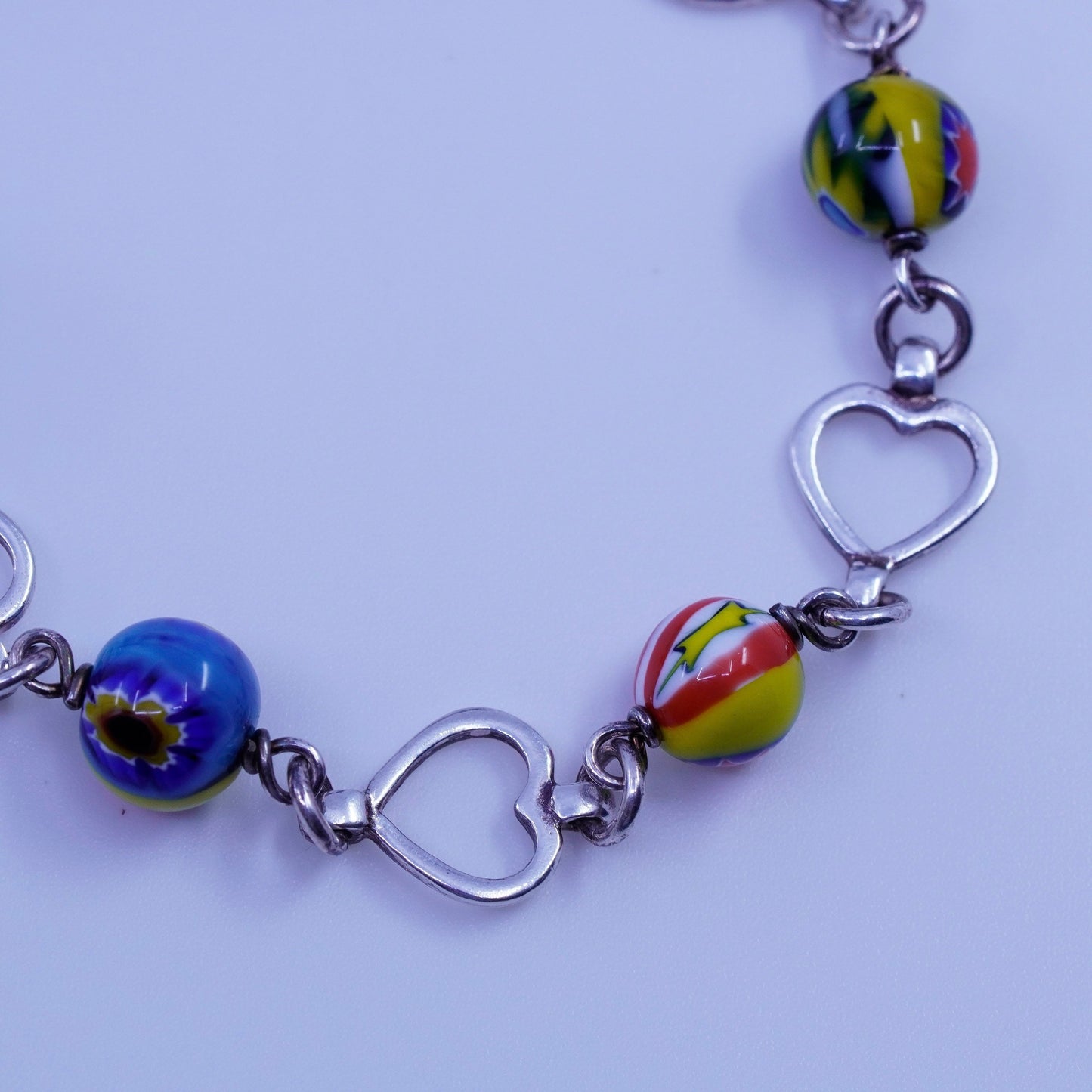 6.25”, jewelry | Sterling 925 silver bracelet, heart chain murano glass beads